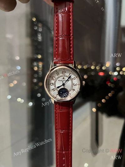 High Quality Replica JAEGER-LECOULTRE Rendez-Vous Collection Red Leather Strap White Face Dial Rose Gold Bezel Watch 33mm